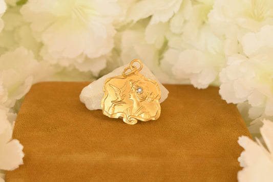 Etsy Title: Antique Art Nouveau Gold Plated Pendant – Lady with Dove – French 1900s Romantic Jewelry – Rhinestone Charm