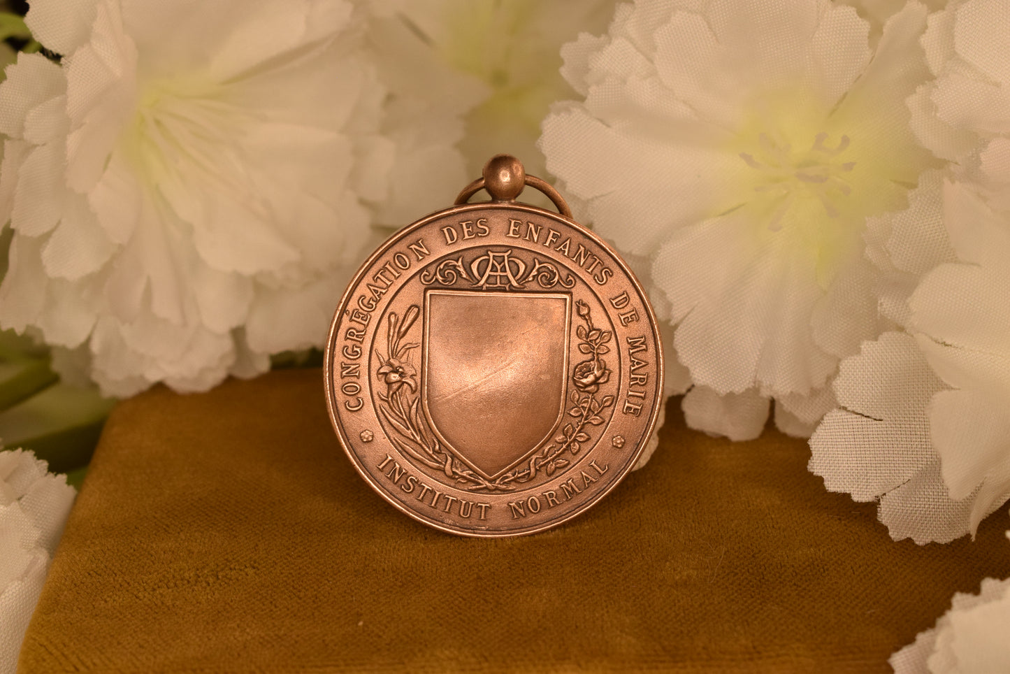 Antique French Bronze Religious Medal - Our Lady of Sorrows - Enfants de Marie Institut Normal - Signed H. Marey
