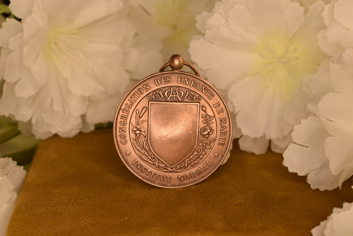 Antique French Bronze Religious Medal - Our Lady of Sorrows - Enfants de Marie Institut Normal - Signed H. Marey