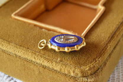 Antique French Silver Vermeil Lourdes Medallion - Blue Glass Silver Cross - 19th Century Religious Pilgrimage Medal