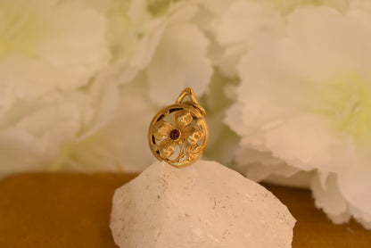 Antique French FIX Four Leaf Clover Pendant, Gold Filled Lucky Charm, Red Stone, Belle Epoque Art Nouveau Jewelry c.1910