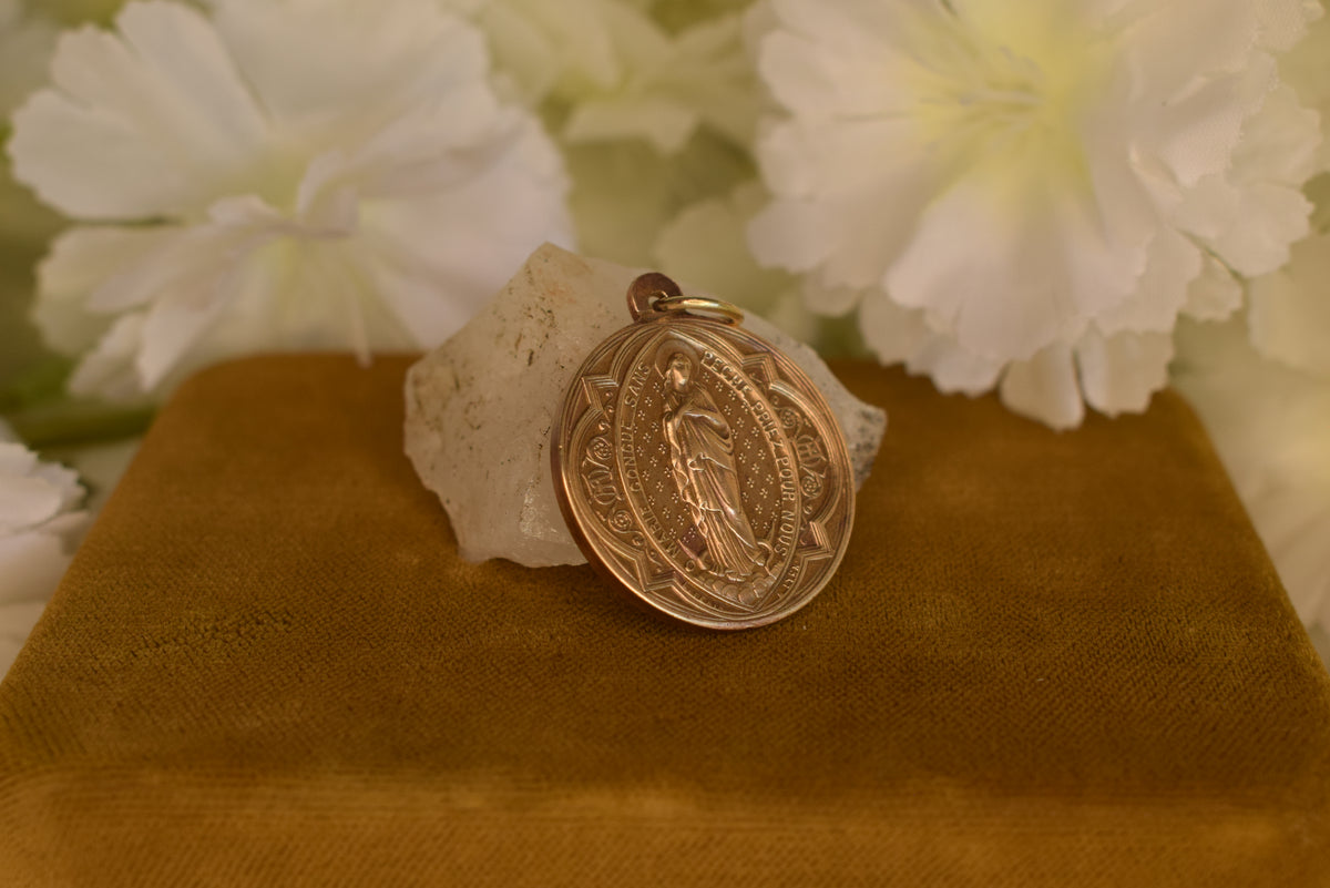 Antique Bronze Gold-Plated Medal Signed L. Penin Miraculous Virgin Mary Saint Anthony of Padua 19th Century