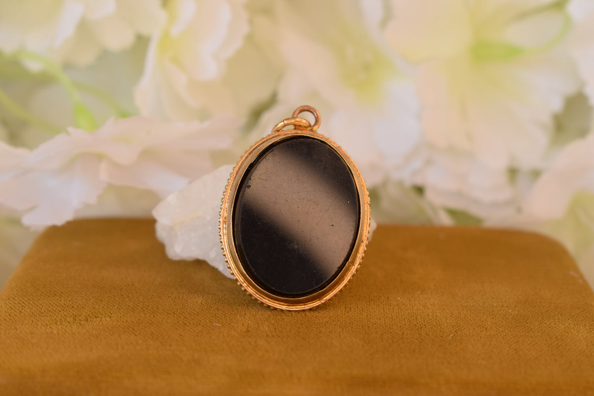 Antique 19th Century Black Onyx Pearl Locket – Gold Plated Brass Photo Locket – Victorian Keepsake Pendant