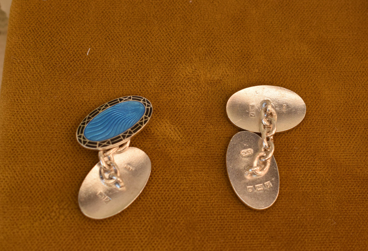 Antique Deakin & Francis Cufflinks, Sterling Silver Blue Guilloché Enamel, Birmingham England, Art Deco Cuff Links