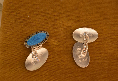 Antique Deakin & Francis Cufflinks, Sterling Silver Blue Guilloché Enamel, Birmingham England, Art Deco Cuff Links