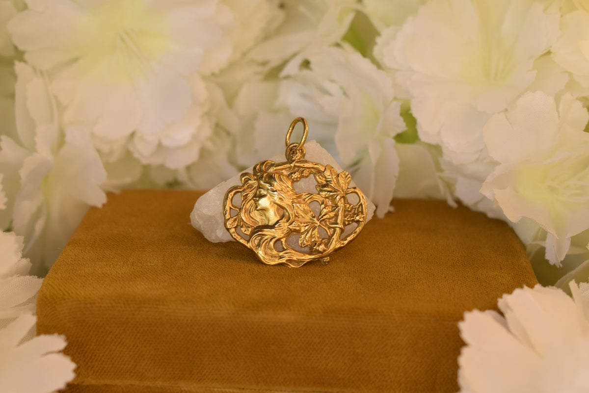 Antique Art Nouveau Pendant – Lady & Flowers – Gold Plated Metal – French Belle Époque c.1900
