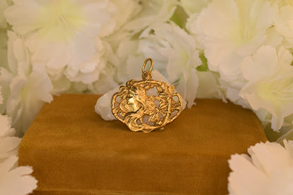 Antique Art Nouveau Pendant – Lady & Flowers – Gold Plated Metal – French Belle Époque c.1900