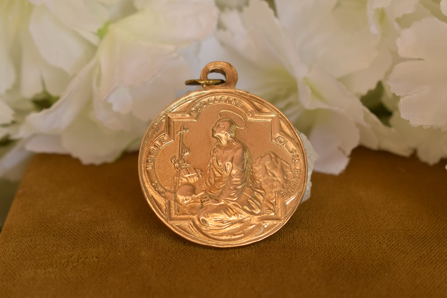 Antique Religious Medal Saint Mary Magdalene Sainte-Baume 19th Century Gilt Bronze Pilgrimage Pendant Provence