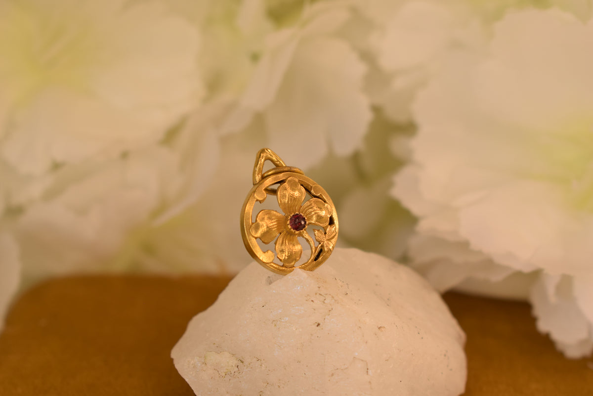 Antique French FIX Four Leaf Clover Pendant, Gold Filled Lucky Charm, Red Stone, Belle Epoque Art Nouveau Jewelry c.1910