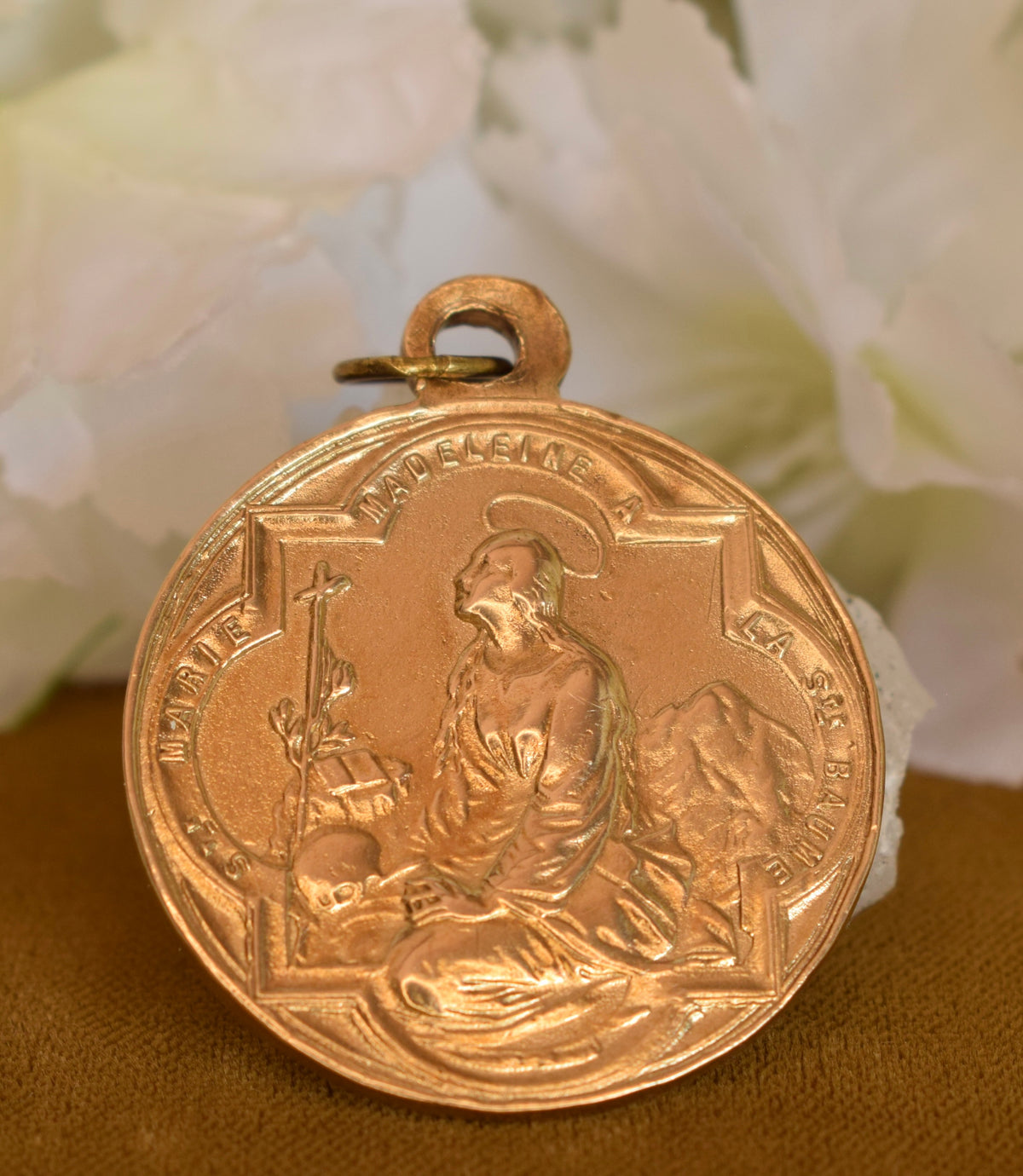 Antique Religious Medal Saint Mary Magdalene Sainte-Baume 19th Century Gilt Bronze Pilgrimage Pendant Provence