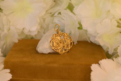 Antique Art Nouveau Pendant – Lady & Flowers – Gold Plated Metal – French Belle Époque c.1900