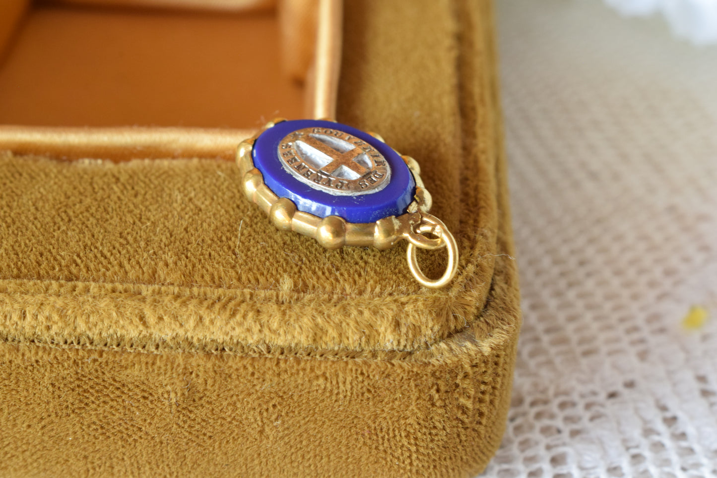 Antique French Silver Vermeil Lourdes Medallion - Blue Glass Silver Cross - 19th Century Religious Pilgrimage Medal