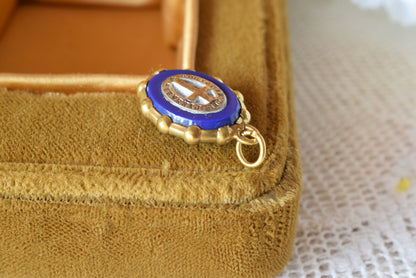 Antique French Silver Vermeil Lourdes Medallion - Blue Glass Silver Cross - 19th Century Religious Pilgrimage Medal