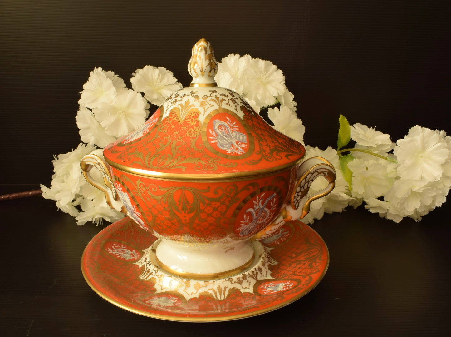 Le Tallec Paris Covered Bouillon Cup & Saucer, Hand Painted Porcelain, Coral Gold Musical Trophies, Tiffany Style, French Antique