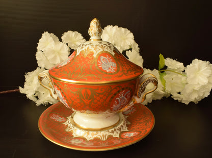 Le Tallec Paris Covered Bouillon Cup & Saucer, Hand Painted Porcelain, Coral Gold Musical Trophies, Tiffany Style, French Antique