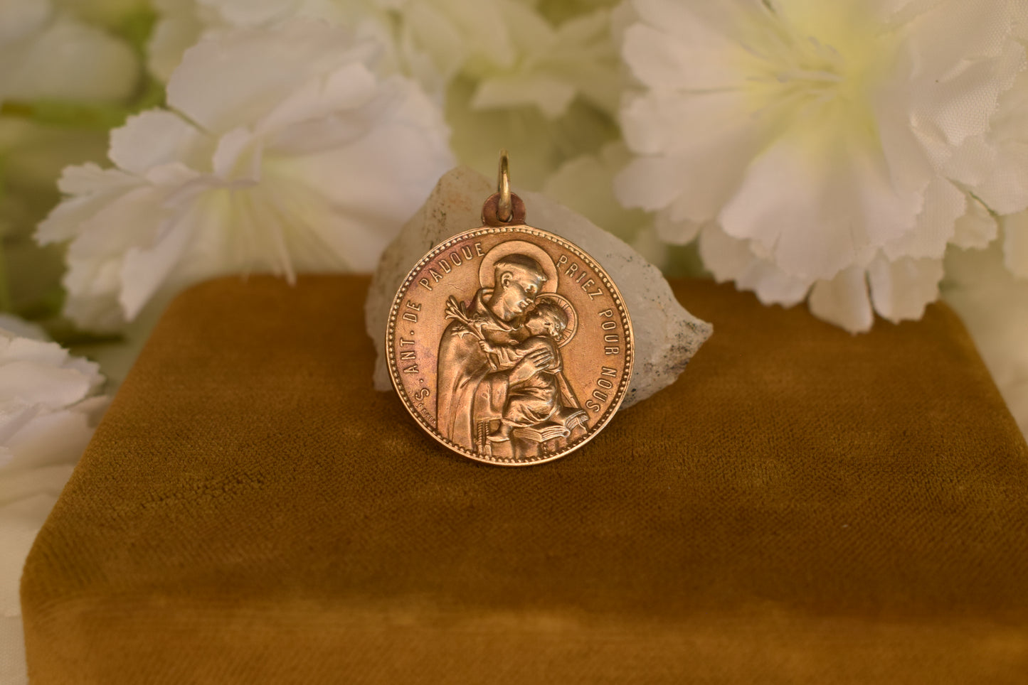 Antique Bronze Gold-Plated Medal Signed L. Penin Miraculous Virgin Mary Saint Anthony of Padua 19th Century