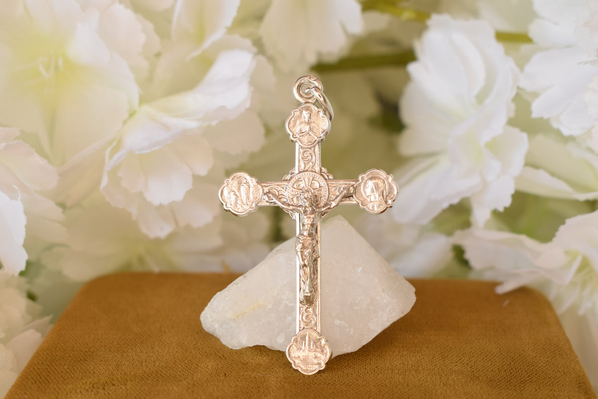 Antique Sterling Silver Crucifix Pendant – Souvenir N.D. de Lourdes – Hallmarked Religious Cross, Vintage Pilgrimage Jewelry