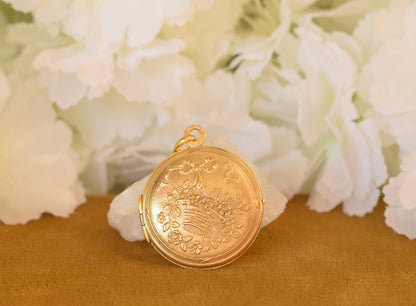 Antique ORIA Gold Filled Photo Locket – French Floral Keepsake Locket – Flower Basket – Belle Époque c.1900-1920