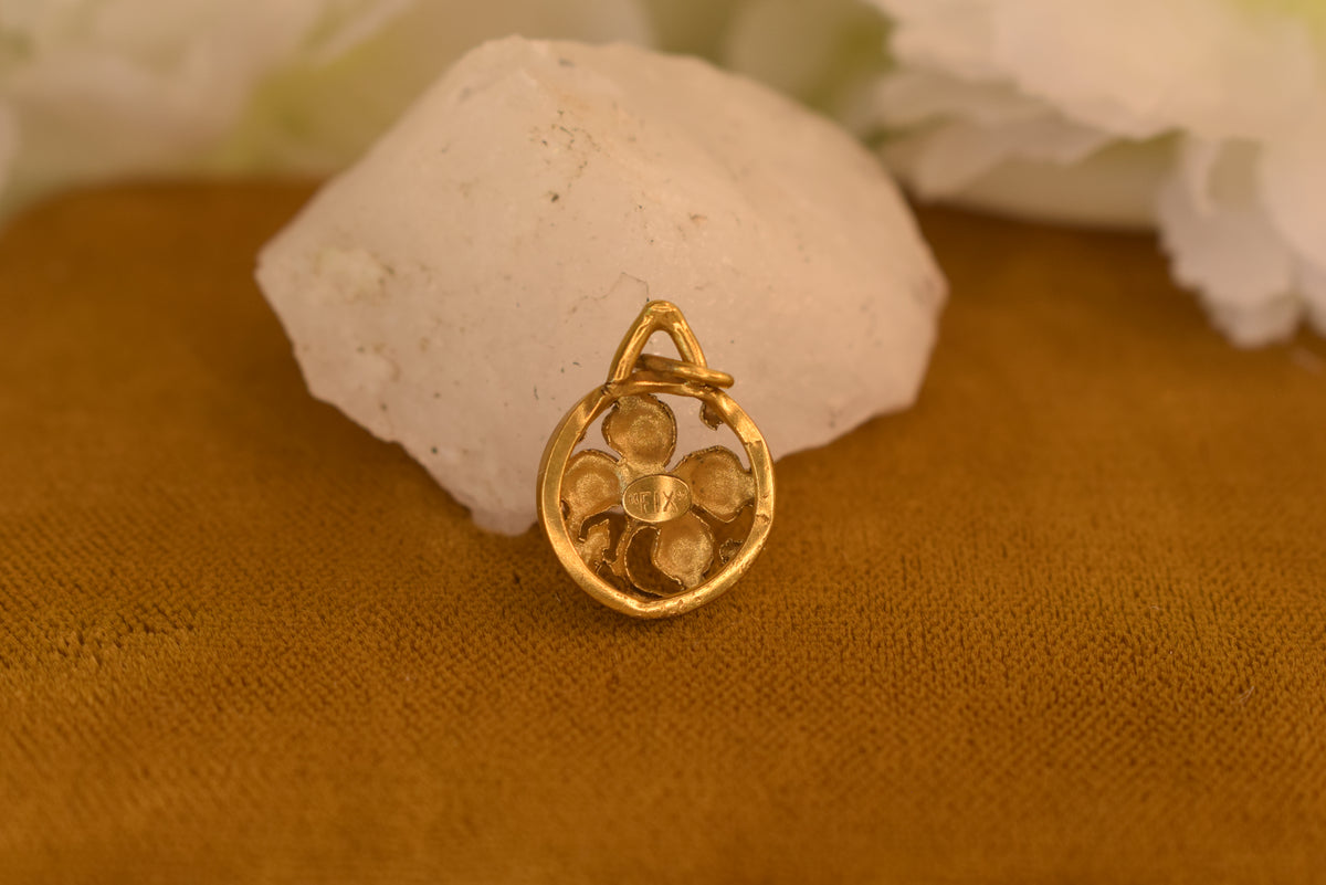 Antique French FIX Four Leaf Clover Pendant, Gold Filled Lucky Charm, Red Stone, Belle Epoque Art Nouveau Jewelry c.1910