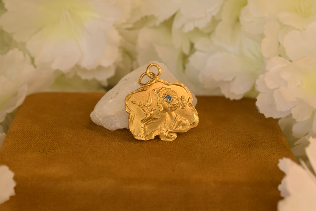 Etsy Title: Antique Art Nouveau Gold Plated Pendant – Lady with Dove – French 1900s Romantic Jewelry – Rhinestone Charm