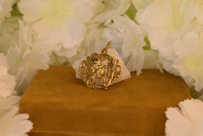Antique Art Nouveau Pendant – Lady & Flowers – Gold Plated Metal – French Belle Époque c.1900