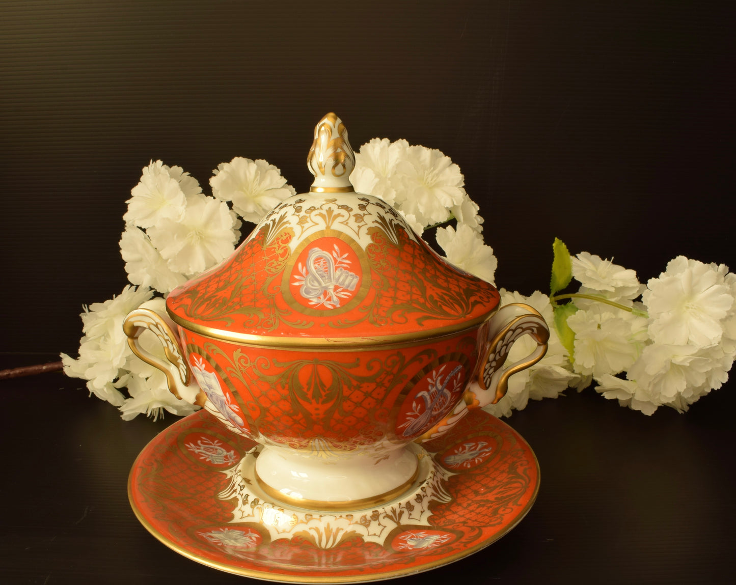 Le Tallec Paris Covered Bouillon Cup & Saucer, Hand Painted Porcelain, Coral Gold Musical Trophies, Tiffany Style, French Antique