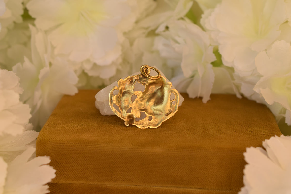 Antique Art Nouveau Pendant – Lady & Flowers – Gold Plated Metal – French Belle Époque c.1900
