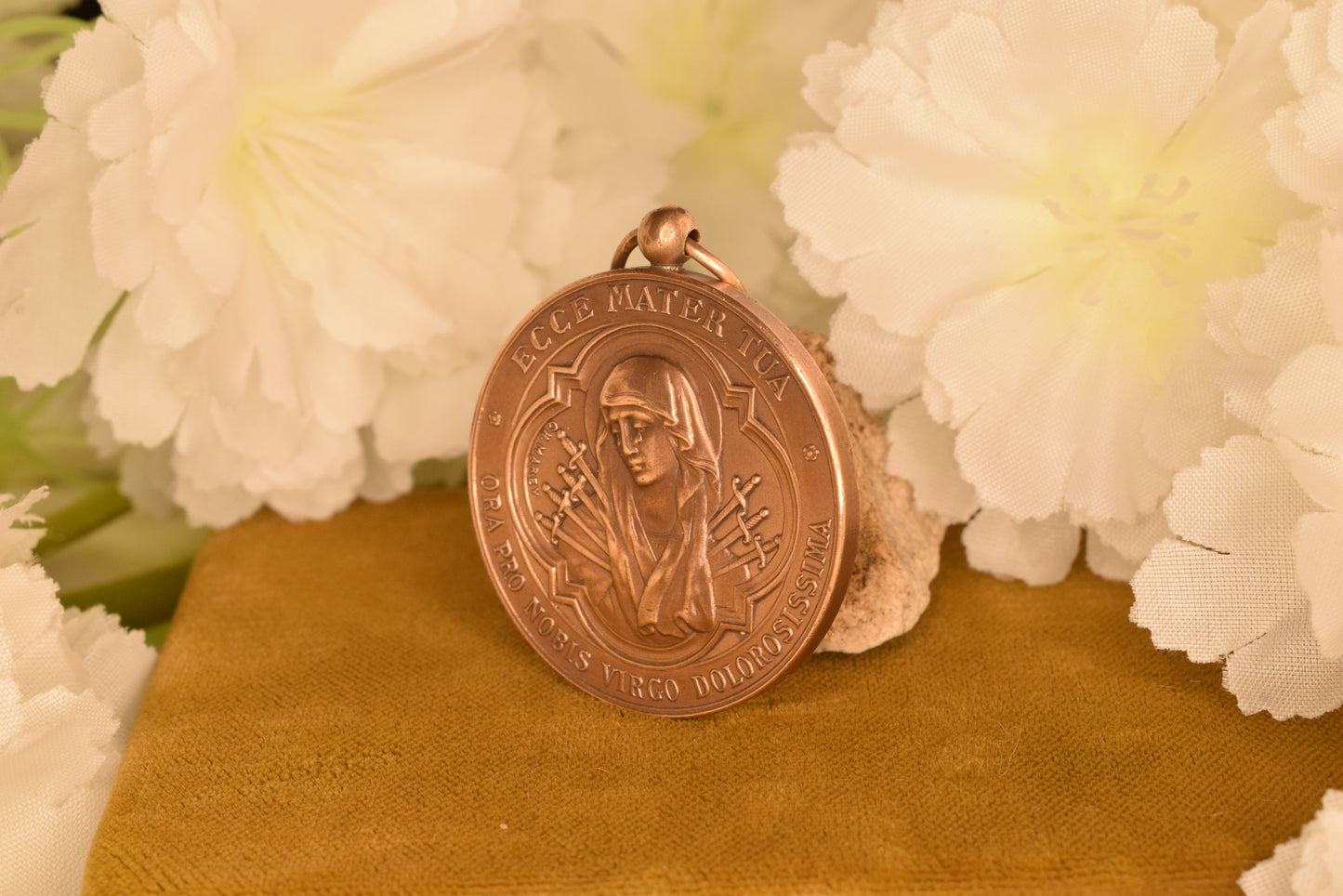 Antique French Bronze Religious Medal - Our Lady of Sorrows - Enfants de Marie Institut Normal - Signed H. Marey
