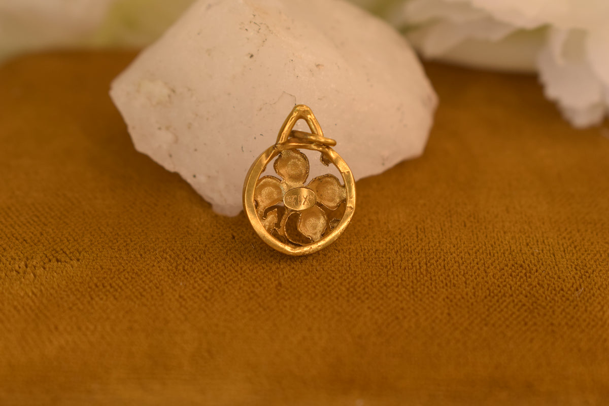 Antique French FIX Four Leaf Clover Pendant, Gold Filled Lucky Charm, Red Stone, Belle Epoque Art Nouveau Jewelry c.1910
