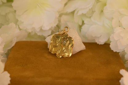 Etsy Title: Antique Art Nouveau Gold Plated Pendant – Lady with Dove – French 1900s Romantic Jewelry – Rhinestone Charm