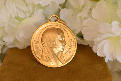 Antique Gold-Plated Ave Maria Medal – Virgin Mary Pendant, French Religious Medallion Signed L. Lasserre Augis – Vintage Catholic Jewelry