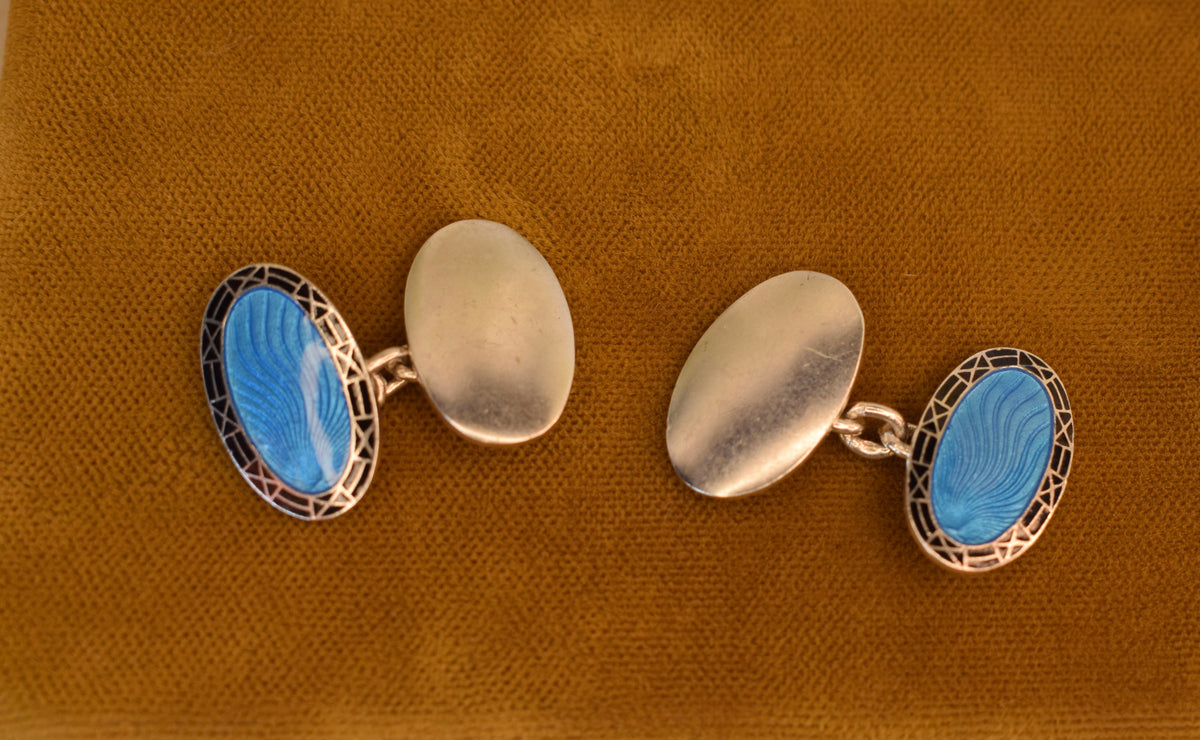Antique Deakin & Francis Cufflinks, Sterling Silver Blue Guilloché Enamel, Birmingham England, Art Deco Cuff Links