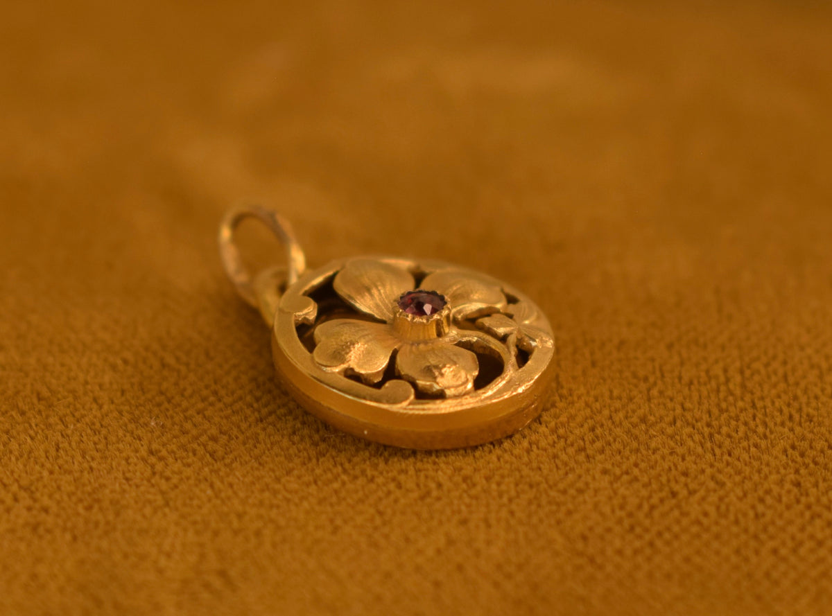 Antique French FIX Four Leaf Clover Pendant, Gold Filled Lucky Charm, Red Stone, Belle Epoque Art Nouveau Jewelry c.1910