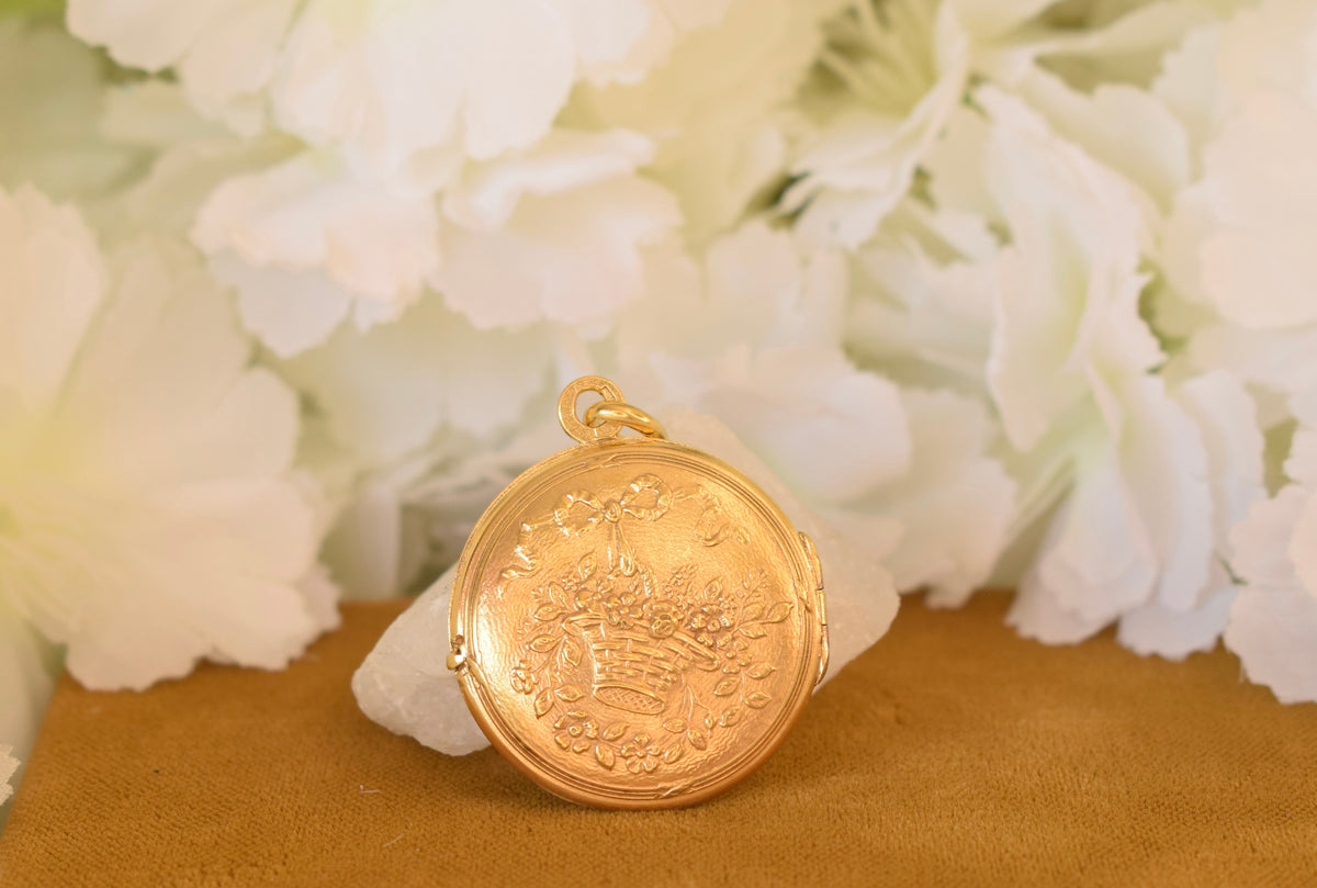 Antique ORIA Gold Filled Photo Locket – French Floral Keepsake Locket – Flower Basket – Belle Époque c.1900-1920