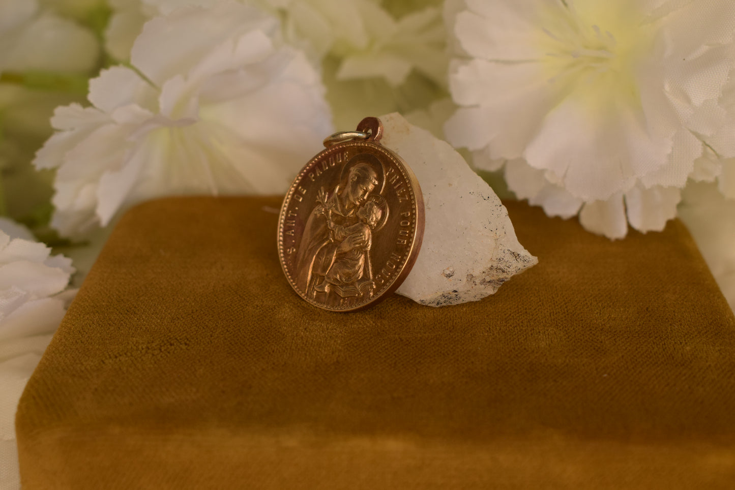 Antique Bronze Gold-Plated Medal Signed L. Penin Miraculous Virgin Mary Saint Anthony of Padua 19th Century