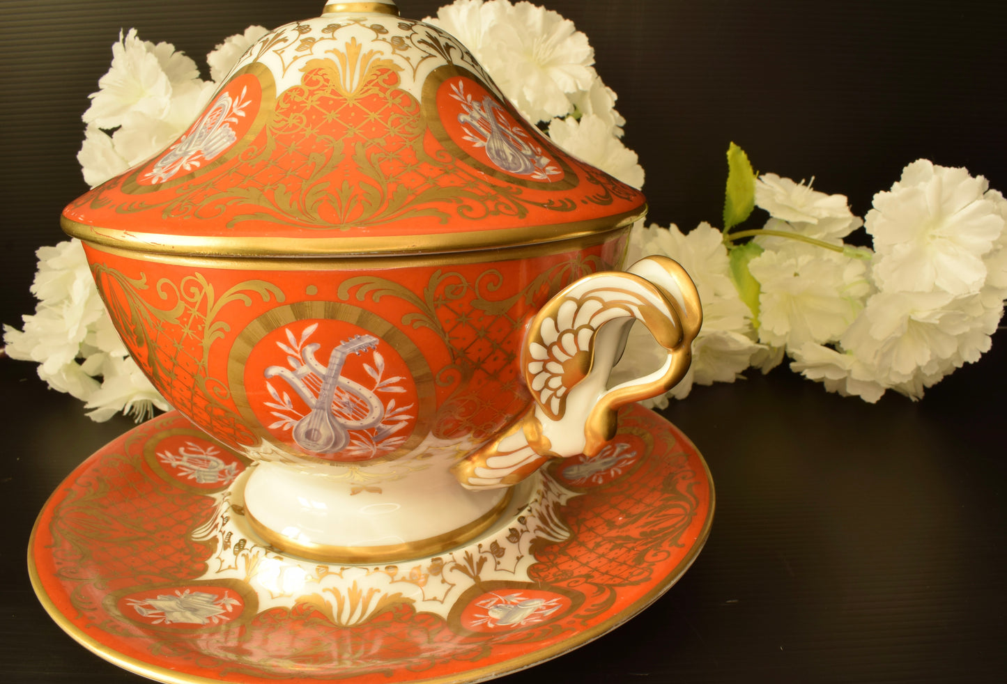 Le Tallec Paris Covered Bouillon Cup & Saucer, Hand Painted Porcelain, Coral Gold Musical Trophies, Tiffany Style, French Antique