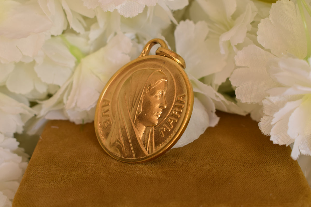 Antique Gold-Plated Ave Maria Medal – Virgin Mary Pendant, French Religious Medallion Signed L. Lasserre Augis – Vintage Catholic Jewelry
