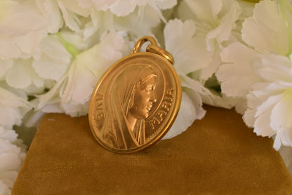 Antique Gold-Plated Ave Maria Medal – Virgin Mary Pendant, French Religious Medallion Signed L. Lasserre Augis – Vintage Catholic Jewelry