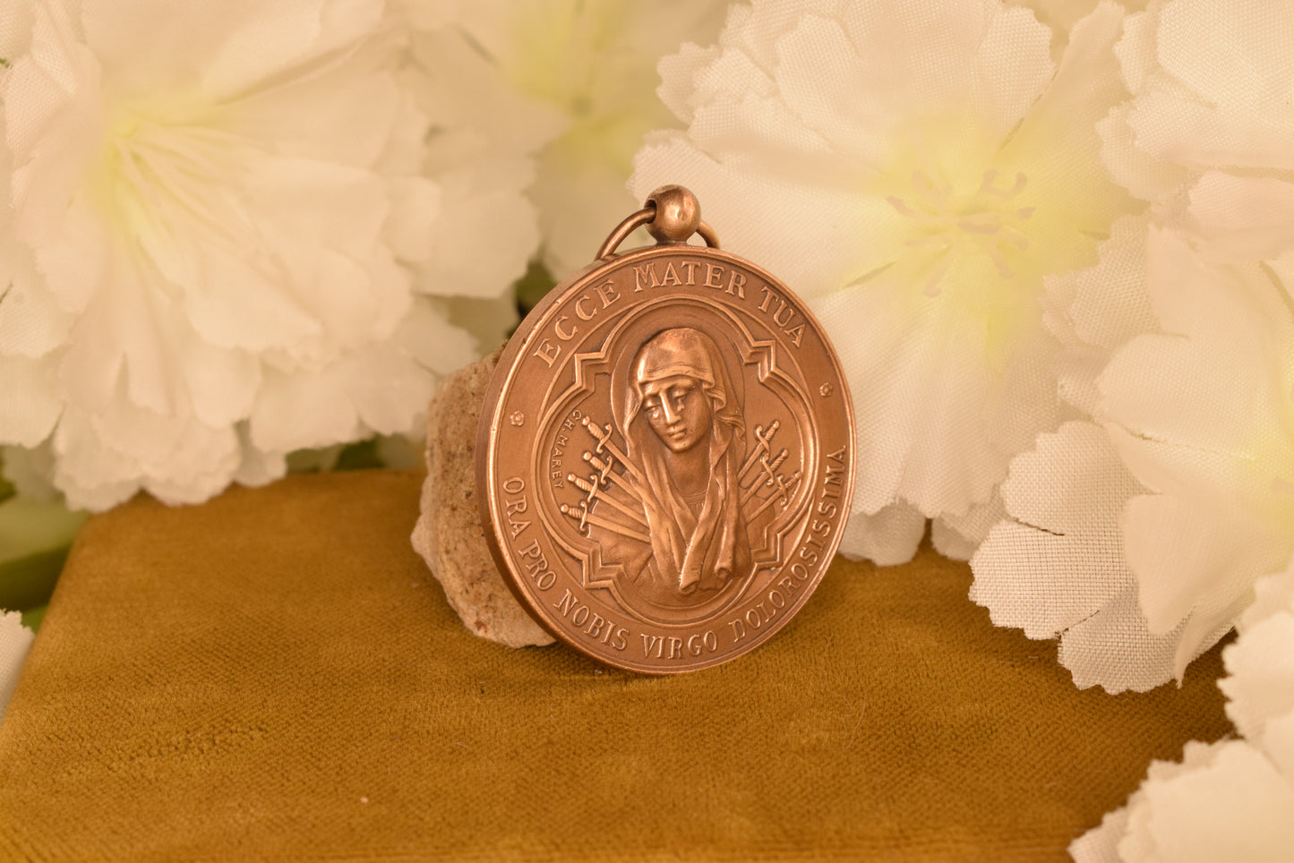 Antique French Bronze Religious Medal - Our Lady of Sorrows - Enfants de Marie Institut Normal - Signed H. Marey