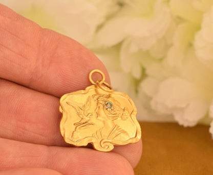 Etsy Title: Antique Art Nouveau Gold Plated Pendant – Lady with Dove – French 1900s Romantic Jewelry – Rhinestone Charm