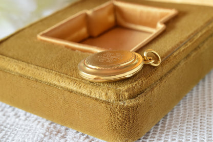 Antique Victorian Oval Locket, 24k Gold Plated, Engraved Cross Pendant, Photo Locket with Removable Glass, 1880s Keepsake