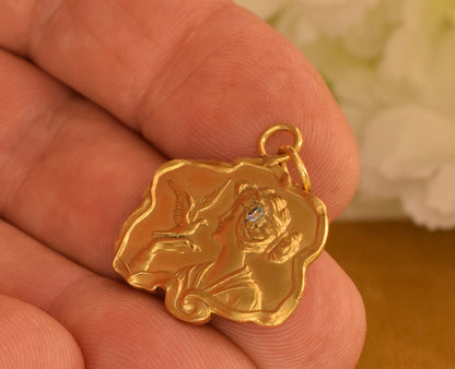 Etsy Title: Antique Art Nouveau Gold Plated Pendant – Lady with Dove – French 1900s Romantic Jewelry – Rhinestone Charm