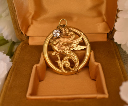 Large Gold-Plated Art Nouveau Medallion with Chimera Motif, Round Openwork Rhinestone Pendant, Antique Collector's Jewelry 34mm