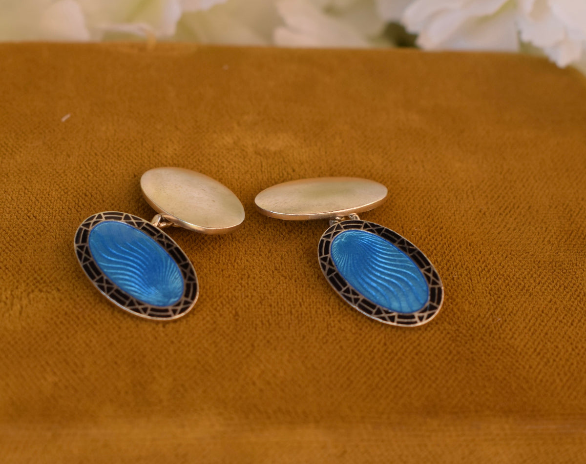Antique Deakin & Francis Cufflinks, Sterling Silver Blue Guilloché Enamel, Birmingham England, Art Deco Cuff Links