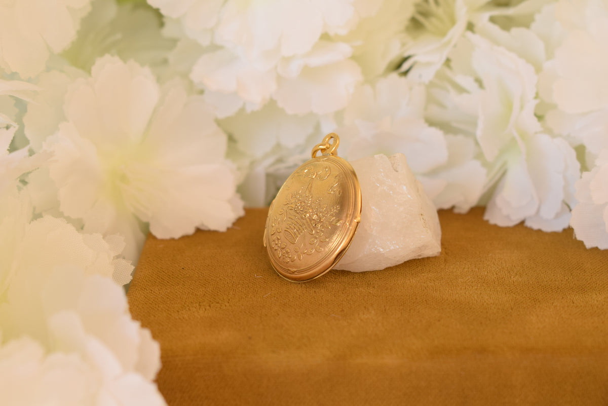 Antique ORIA Gold Filled Photo Locket – French Floral Keepsake Locket – Flower Basket – Belle Époque c.1900-1920