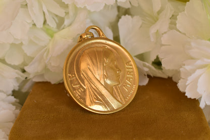 Antique Gold-Plated Ave Maria Medal – Virgin Mary Pendant, French Religious Medallion Signed L. Lasserre Augis – Vintage Catholic Jewelry
