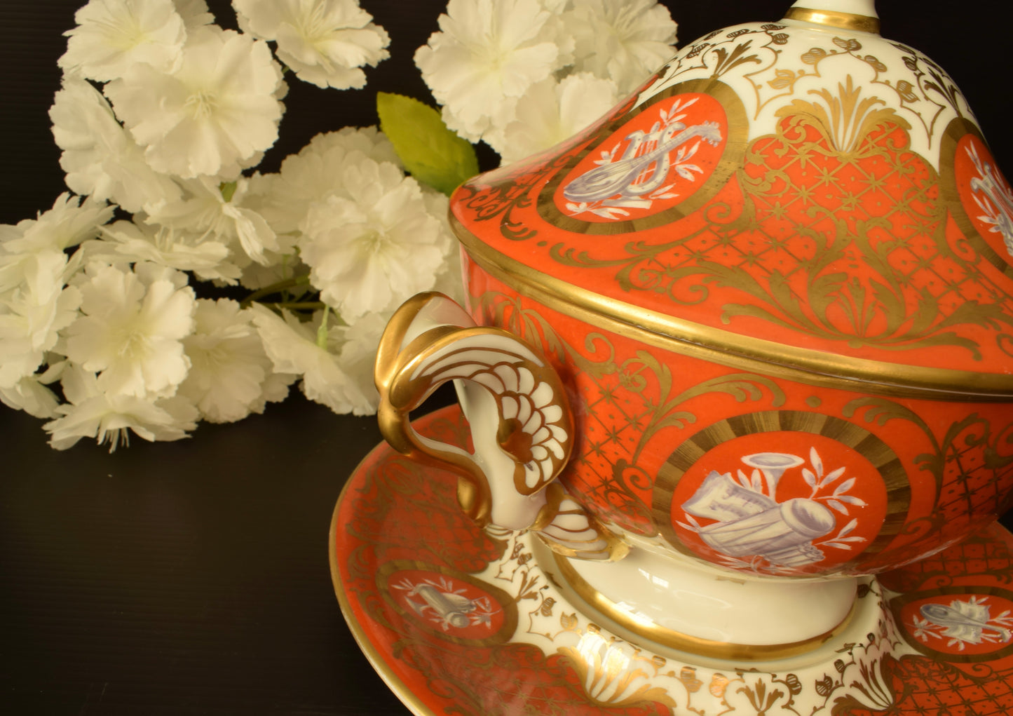 Le Tallec Paris Covered Bouillon Cup & Saucer, Hand Painted Porcelain, Coral Gold Musical Trophies, Tiffany Style, French Antique