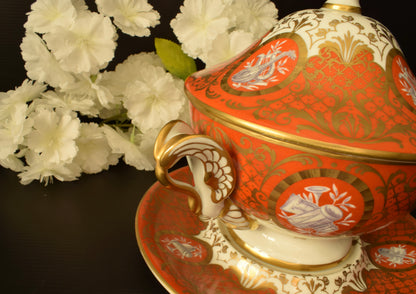 Le Tallec Paris Covered Bouillon Cup & Saucer, Hand Painted Porcelain, Coral Gold Musical Trophies, Tiffany Style, French Antique