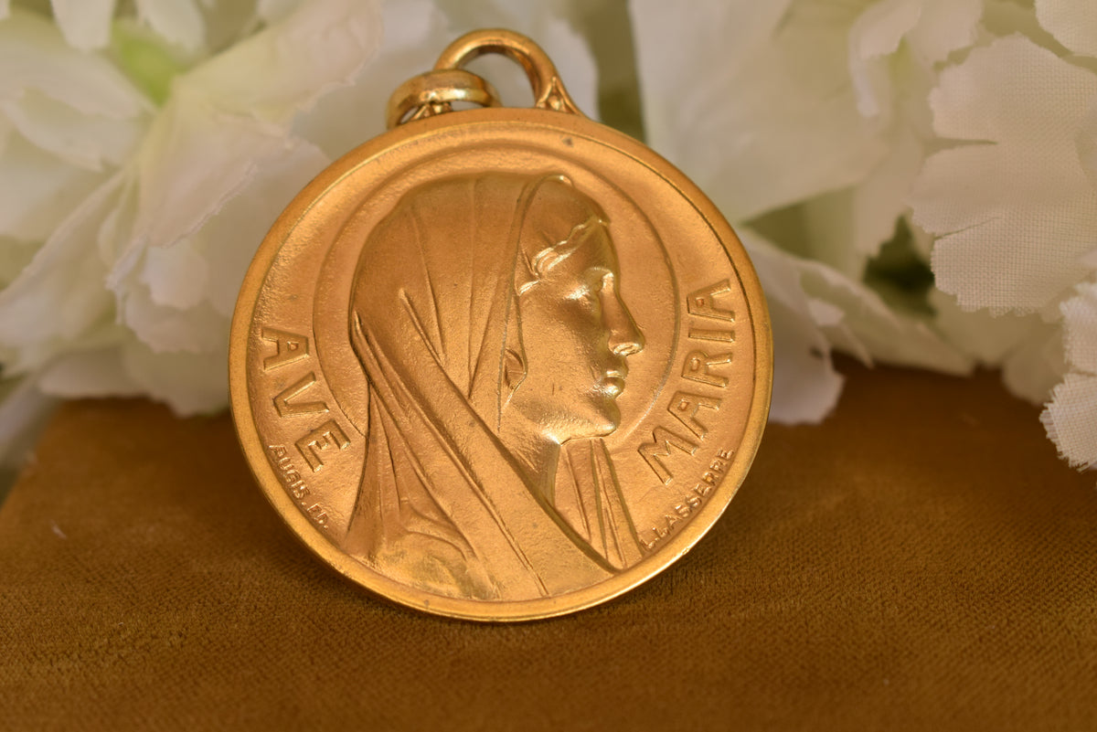 Antique Gold-Plated Ave Maria Medal – Virgin Mary Pendant, French Religious Medallion Signed L. Lasserre Augis – Vintage Catholic Jewelry