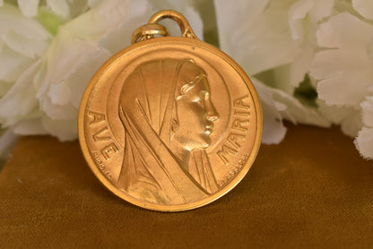 Antique Gold-Plated Ave Maria Medal – Virgin Mary Pendant, French Religious Medallion Signed L. Lasserre Augis – Vintage Catholic Jewelry